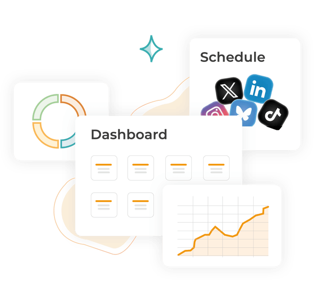 Illustration showing marketing planning, scheduling and reporting managed together in one connected platform.